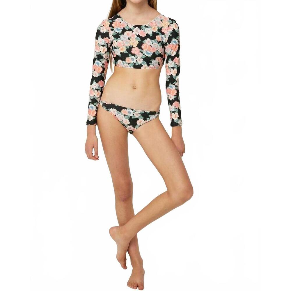 NEW O'NEILL girl's emilie floral long sleeve crop top set in black